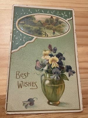 Vintage Embossed Postcard Best Wishes Floral Vase Printed in Germany Handwritten - Image 1