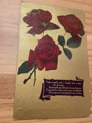 Vintage JWS Series 758 Postcard Made in Germany Red Roses Gold Embossed Used - Image 1
