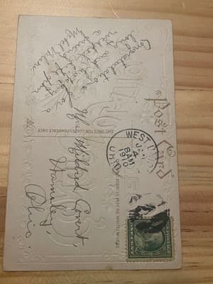 Vintage Embossed Floral Postcard Divided Back Postmarked Jan 1910 Purple Flower - Thumbnail 2