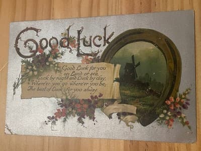 Vintage 1908 Good Luck Embossed Greeting Postcard Horseshoe Windmill Postmarked - Image 1