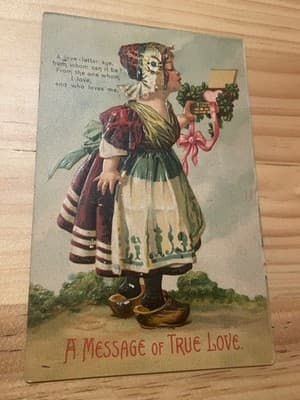 Vintage Embossed Postcard 1908 A Message of True Love Dutch Girl Clogs Stamped - Image 1