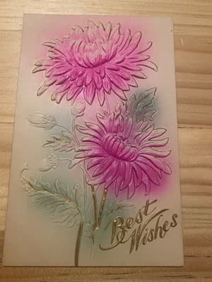 Vintage Embossed Postcard Best Wishes Pink Chrysanthemum Gold Handwritten Back - Image 1