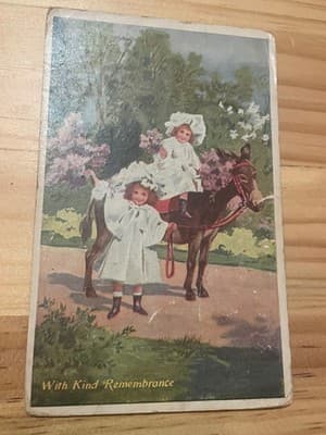 Vintage Postcard With Kind Remembrance Girls on Donkey Illustration Unposted - Image 1