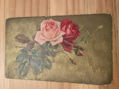 Vintage Floral Postcard Roses Gold Linen Texture Postmarked 1909 Ramsey Stamped - Image 1