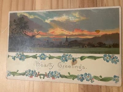 Vintage Embossed Hearty Greetings Postcard Printed in Germany Postmarked Ohio - Image 1