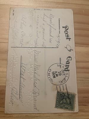 Vintage Embossed Hearty Greetings Postcard Printed in Germany Postmarked Ohio - Thumbnail 2