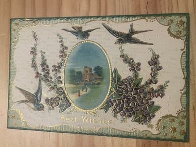 Vintage Embossed Postcard Best Wishes Swallows Foxglove Printed Germany 1910 - Image 1
