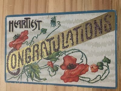 Vintage Embossed Congratulations Postcard Poppies Gold Foil Made in Germany - Image 1
