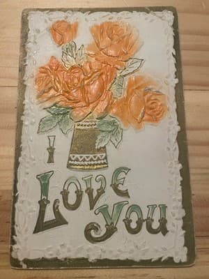 Vintage Embossed I Love You Postcard Orange Roses Gold Accents Raised Art - Image 1