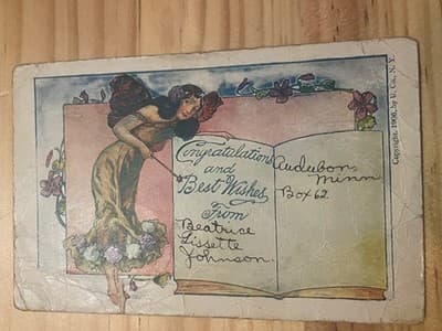 Vintage 1906 Congratulations Postcard Audubon MN Woman Floral Embossed Mailed - Image 1