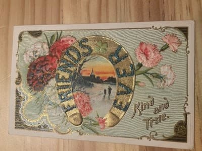 Vintage Embossed Postcard 1910 Printed in Germany Horseshoe Carnations Postmark - Image 1