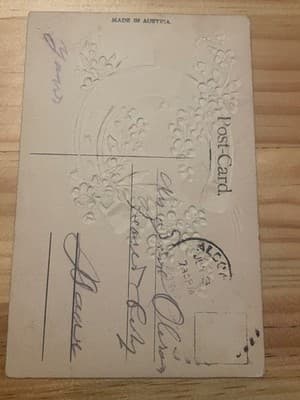 Vintage Embossed Postcard Many Happy Returns Horseshoe Blue Flowers Postmarked - Thumbnail 2
