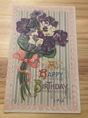 Vintage 1912 Embossed Birthday Postcard Gem Birthday Series No.1 Pansies Floral - Image 1