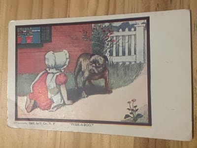 Vintage 1905 Peek-A-Boo Postcard Embossed Dog Girl Postmarked 1908 Ohio USA - Image 1