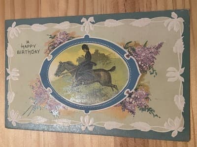 Vintage Birthday Postcard Equestrian Horse Rider Floral Border Used Early 1900s - Image 1