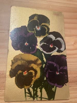 Souvenir Postcard Pansies Gold Vintage Embossed Floral Handwritten With Stamp - Image 1
