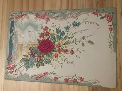 Vintage Embossed Postcard Floral Doves Red Rose Ornate Printed in Germany 1912 - Image 1