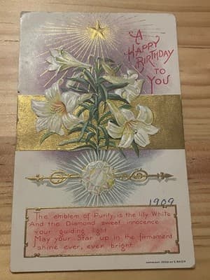 Vintage Antique 1909 Embossed Birthday Postcard White Lily Gold Foil Embossed - Image 1