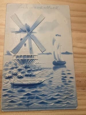 Vintage Embossed Windmill Sailboat Postcard Blue Scenic Postmarked 1 Cent Stamp - Image 1