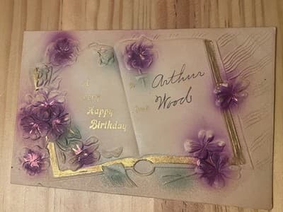 Vintage 1910 Embossed Birthday Postcard Purple Flowers Gold Postmarked Ohio - Image 1