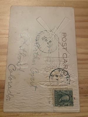 Vintage Embossed Windmill Sailboat Postcard Blue Scenic Postmarked 1 Cent Stamp - Thumbnail 2