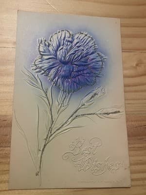 Vintage Embossed Postcard Blue Carnation Best Wishes GLR Sander Floral Unused - Image 1
