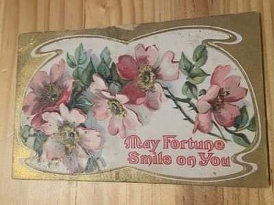 Vintage May Fortune Smile on You Postcard Floral Embossed Gold Pink Flowers - Image 1