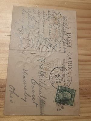 Vintage 1910 Embossed Birthday Postcard Purple Flowers Gold Postmarked Ohio - Thumbnail 2