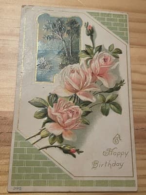Vintage Embossed Happy Birthday Postcard Pink Roses Gold Trim 395 Addressed - Image 1