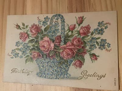 Vintage Embossed Birthday Postcard Made in Germany Floral Basket Gold Accents - Image 1