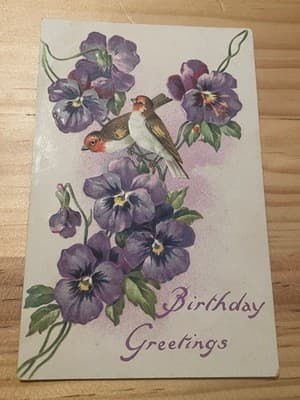 Vintage Birthday Greetings Postcard Pansies Birds Embossed Handwritten 1910 - Image 1