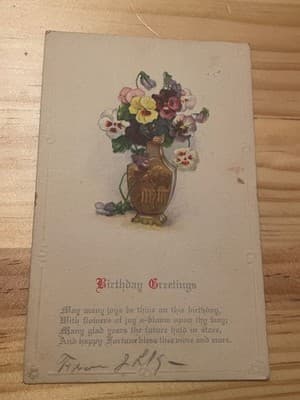 Vintage Embossed Birthday Postcard Made in Germany Pansies in Vase Floral Old - Image 1