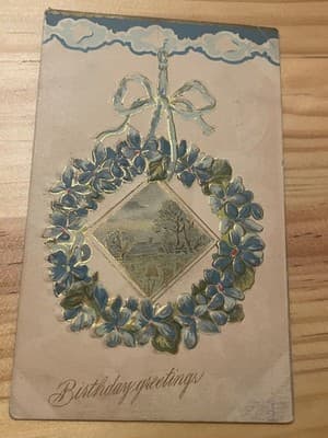 Vintage Embossed Birthday Postcard Blue Floral Wreath Gold Foil Made in USA - Image 1
