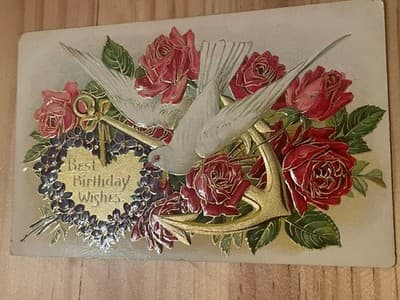 Vintage Embossed Birthday Postcard Dove Roses Gold Accents 1912 Postmark Stamped - Image 1