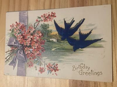 Vintage Birthday Postcard Swallows Blue Birds Floral Ribbon Mailed with 1c Stamp - Image 1