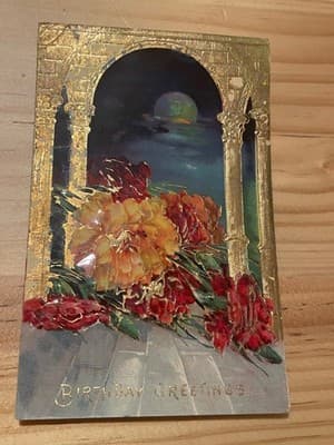 Vintage Embossed Gold Gilt Floral Birthday Postcard Made in Germany Unposted - Image 1