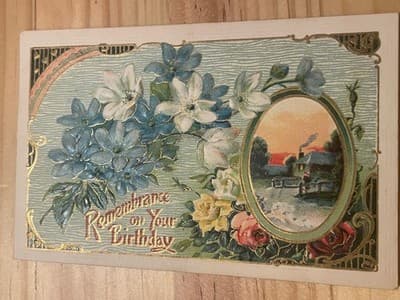 Vintage 1909 Embossed Birthday Postcard Remembrance on Your Birthday Floral - Image 1