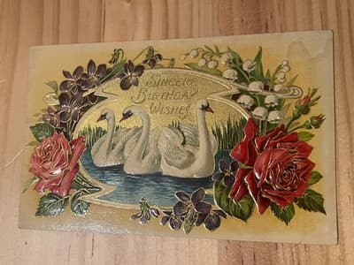 Vintage Embossed Birthday Postcard Swans Roses Gold Accents Mailed 1c Stamp - Image 1