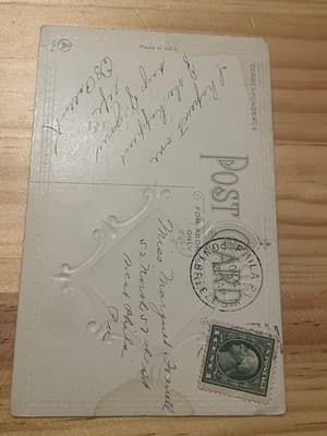 Vintage Embossed Birthday Postcard Blue Floral Wreath Gold Foil Made in USA - Thumbnail 2