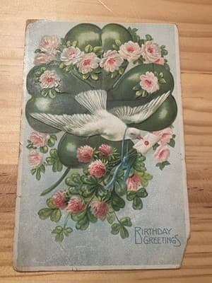 Vintage Embossed Birthday Postcard Dove Clover Floral Postmarked Collectible - Image 1