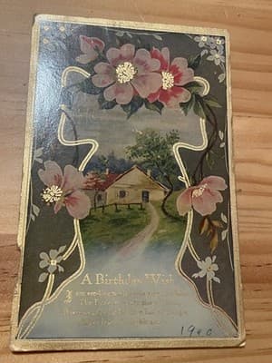 Vintage 1910 Birthday Postcard Printed in Germany Embossed Gold Cottage Used - Image 1