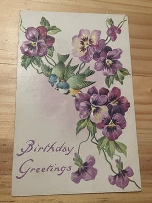 Vintage Embossed Birthday Greetings Postcard Pansies Birds Mailed 1c Stamp - Image 1