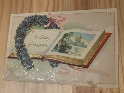 Vintage Embossed Birthday Postcard Printed in Germany Floral Book Gold Gilded - Image 1