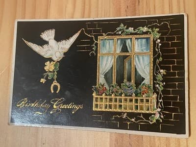 Vintage 1910 Embossed Birthday Greetings Postcard Dove Window Gold Foil Mailed - Image 1