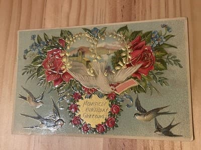 Vintage Embossed Postcard Heartiest Birthday Greetings Doves Roses Made Saxony - Image 1