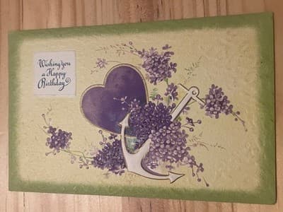 RARE VTG Embossed Birthday Postcard Purple Heart Anchor Violets Posted 1c Stamp - Image 1