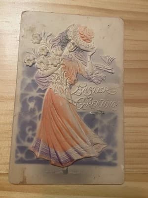 Embossed Easter Postcard Made in Germany Hand Tinted Woman Flowers Divided Back - Image 1