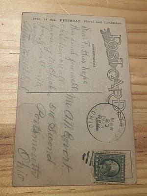 RARE VTG Embossed Birthday Postcard Purple Heart Anchor Violets Posted 1c Stamp - Thumbnail 2