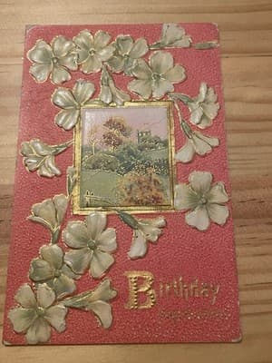 Vintage Embossed Birthday Postcard Printed in Germany Floral Gold Pink Antique - Image 1