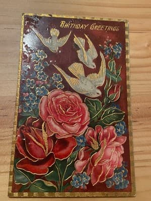 Vintage Embossed Birthday Postcard 1910 Printed in Germany Roses Birds Gold - Image 1